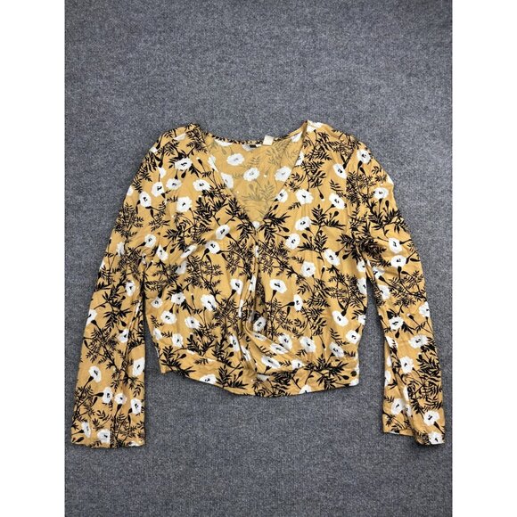 Roxy Shirt Womens Large Yellow Floral Long Sleeve Wrap V-Neck Tie Front Cropped - Picture 1 of 8